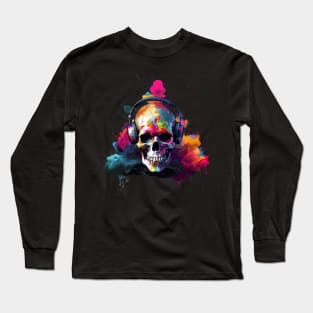 Graffiti Style Street Art Skull wearing Headphones With Paint Explosion Long Sleeve T-Shirt